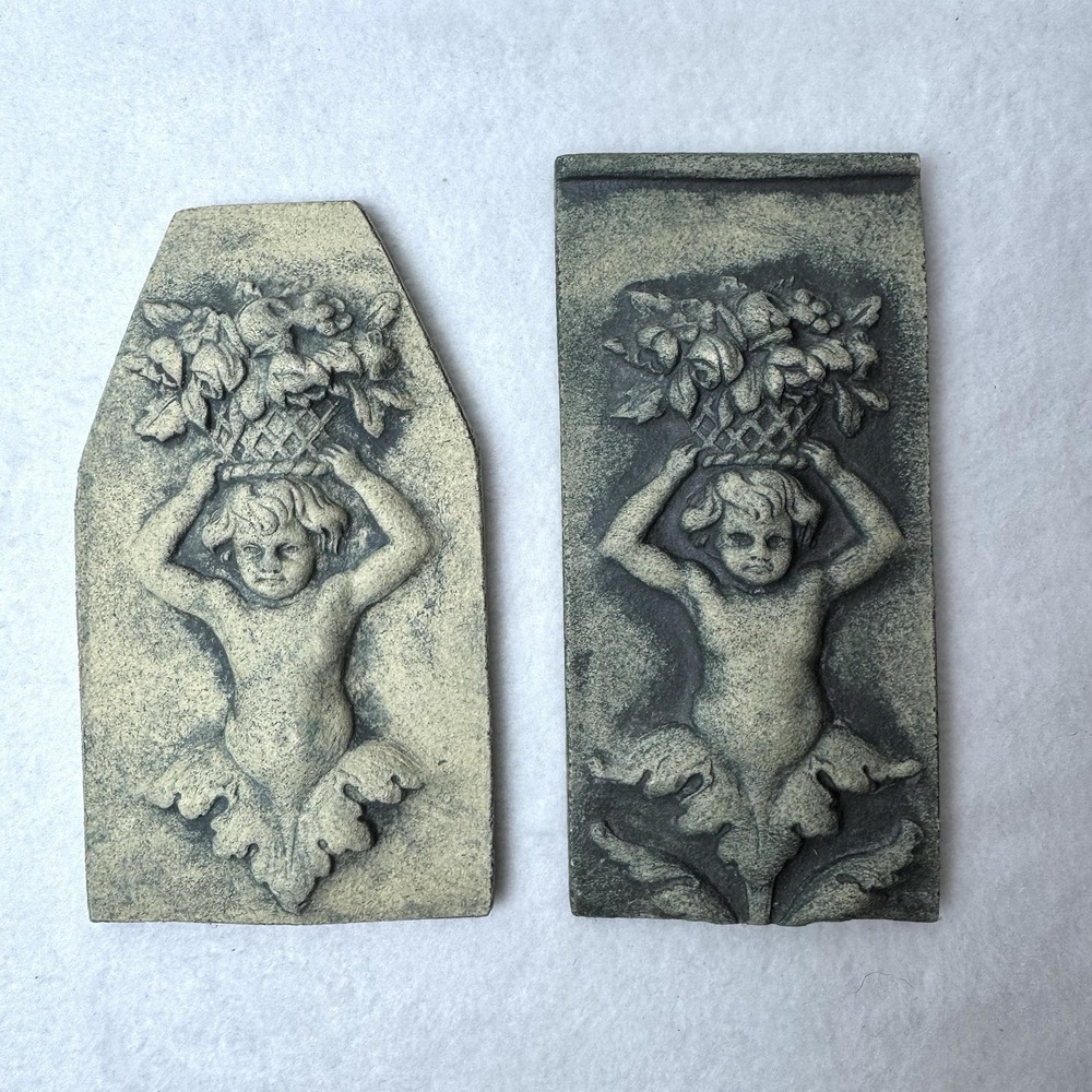 Vintage Angel Cherub Baby Plaque Set Of 2 Concrete Stone Handmade Bouquet Tile